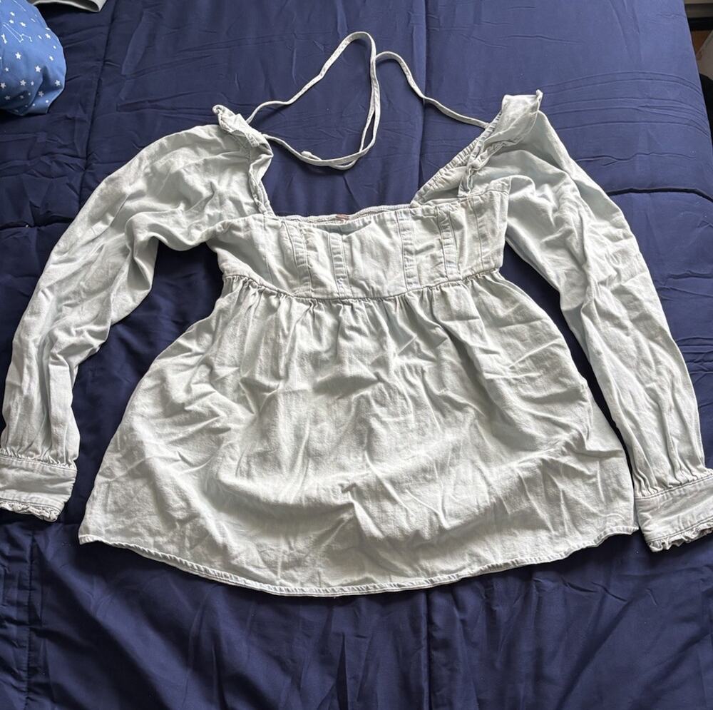 Free People Small Light Blue Chambray Peasant Top Tie Back Long Sleeve Boho